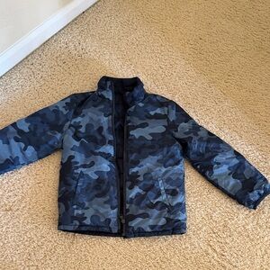 GAP Blue and Black Camouflage Puffer Jacket